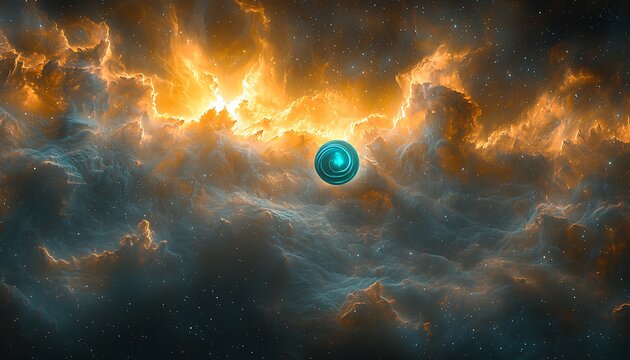 Orb floats in nebula, cosmic backdrop