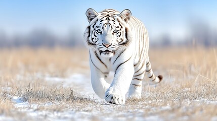 Naklejka premium Majestic White Tiger Walking in Winter Landscape Wild Cat in Snowy Grassland