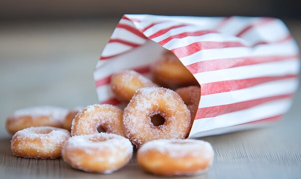 mini apple cider donuts in a small white and red striped paper bag, Generative AI