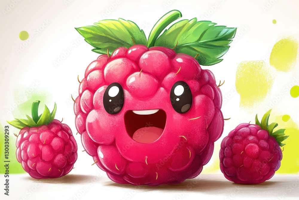 Poster happy raspberry character stands among smaller raspberries against a colorful backdrop in a playful,