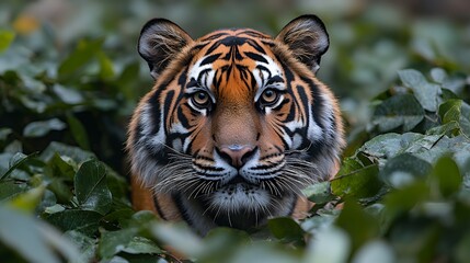 Majestic Tiger Staring Intently in Lush Green Jungle Environment