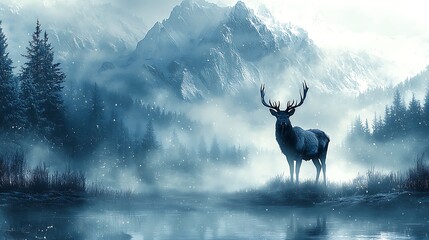 Majestic Stag in Winter Wonderland Snow Covered Mountains Misty Forest and Tranquil Lake