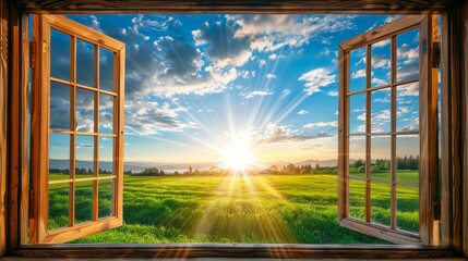 A peaceful sunrise view of a lush green field and clear blue sky through an open window