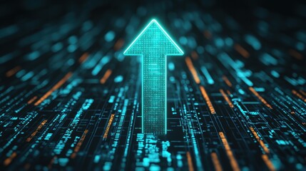 Fototapeta premium Digital arrow pointing up on a circuit board background. Concept of technology, data, and growth.