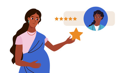 satisfied Indian pregnant mother leaves good review to the doctor. Obstetrics and gynecology online. India Remote Medicine. cartoon flat vector illustration