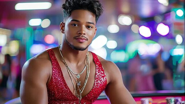 Man in red sequins top at night market,  focused portrait