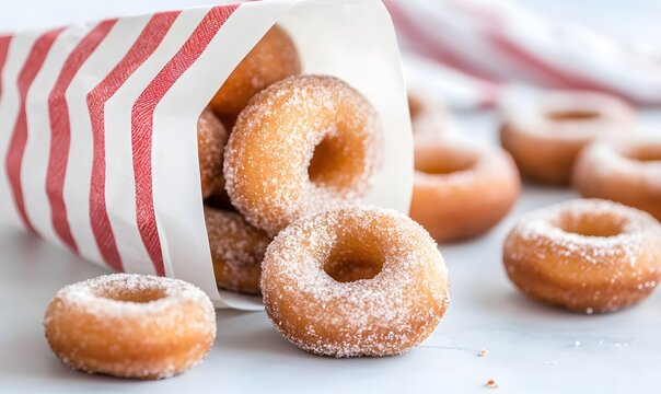 mini apple cider donuts in a small white and red striped paper bag, Generative AI