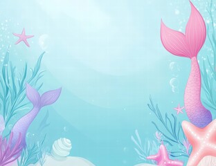 under the sea mermaid birthday party invitation template, mermaid tails, starfish, pearls, and sea elements