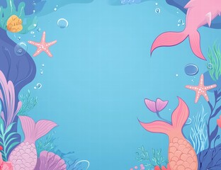 Fototapeta premium under the sea mermaid birthday party invitation template, mermaid tails, starfish, pearls, and sea elements