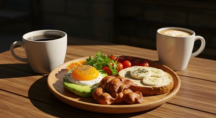 Sunny Morning Breakfast: Avocado Toast, Croissant, Coffee, and Latte