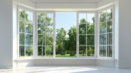 Fototapeta premium A tranquil sunrise view of lush green fields and a clear blue sky through an open window