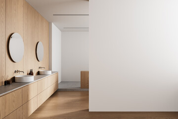 Modern bathroom interior with blank wall for design mockup. 3D Rendering