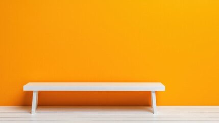 White bench against an orange wall. Minimalist interior design with copy space.