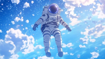 anime space explorer girl in pastel silver astronaut suit floating in zero gravity on blue background
