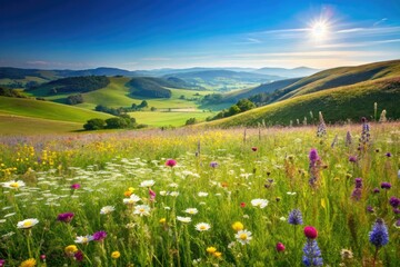 Fototapeta premium Distant meadow scene with a vast array of wildflowers swaying gently in the breeze, set against a clear blue sky and surrounded by rolling hills, botanical, landscape, serene, natural beauty
