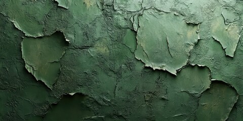 Peeling dark green textured wall with visible cracks and damaged paint layers