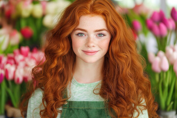 Fototapeta premium Redhead florist smiling with tulips in background