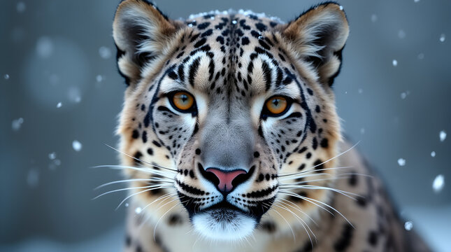 Majestic Snow Leopard Face Close-Up - Winter Snow - Grey Spotted Fur Wild Cat - Golden Eyes - Breathtaking Wildlife Shot