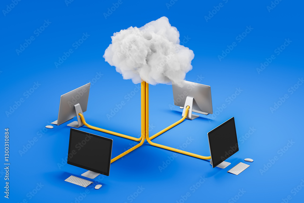 Poster cloud computing concept with computers connected to cloud on blue background. 3d rendering