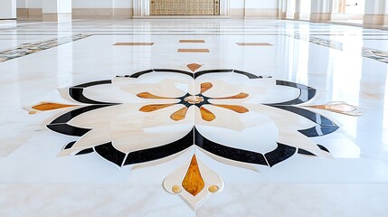 Elegant Marble Floor Design Intricate Floral Pattern in Beige Black and Gold Hues