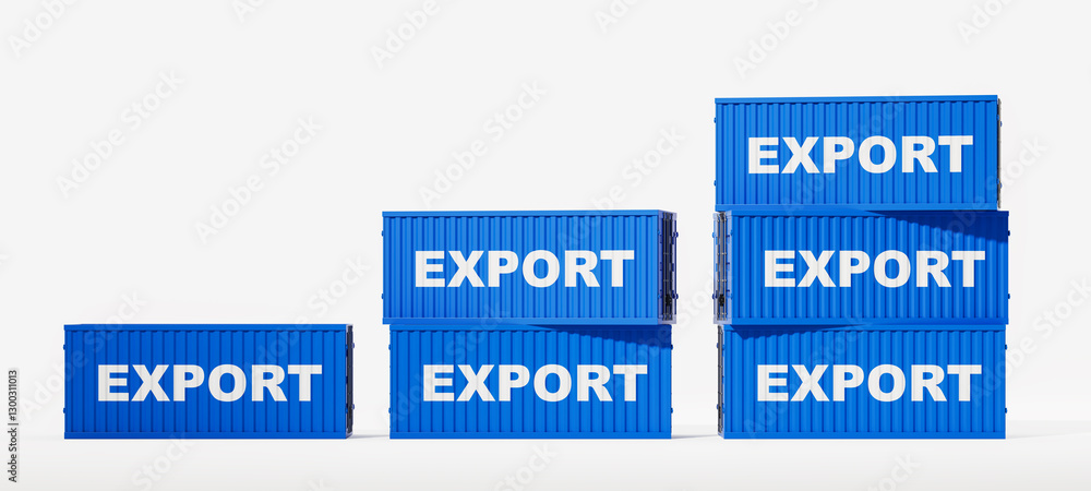 Poster blue export shipping containers stacked in ascending order. 3d rendering