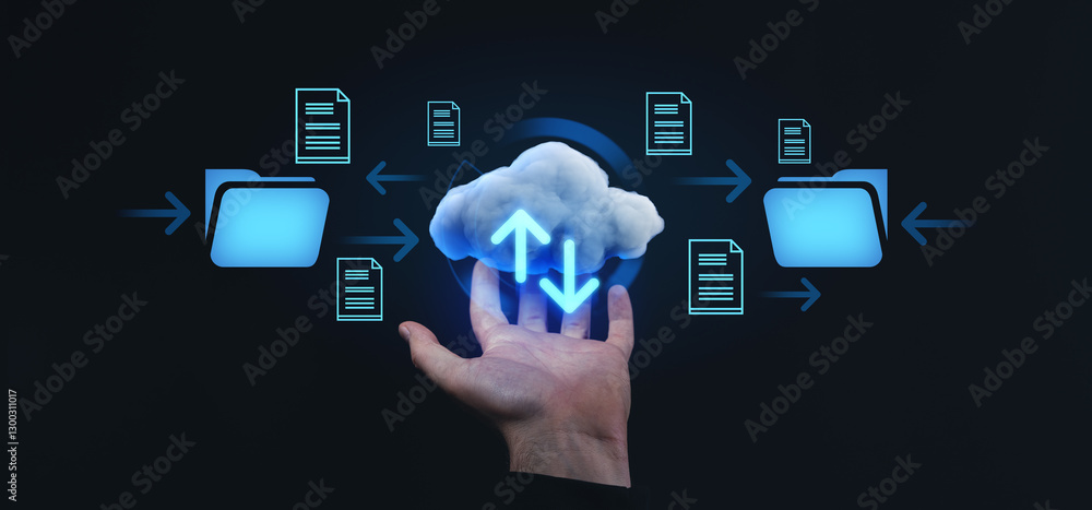 Poster cloud storage and data transfer concept with glowing icons representing file exchange and synchroniz