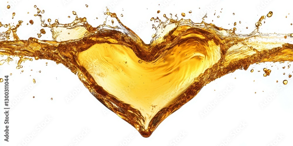 Poster heart-shaped splash of golden liquid creating dynamic water droplets and movement in a clean white b