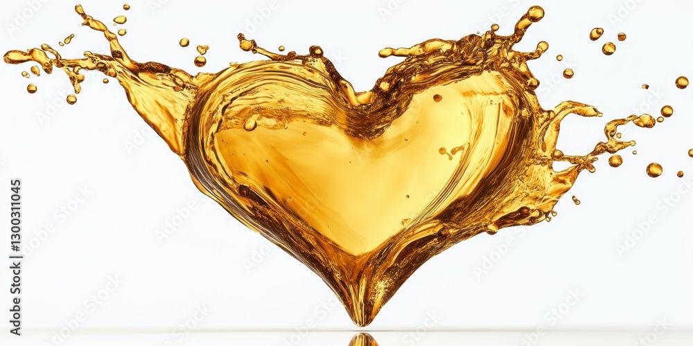 Poster Golden heart shape splash created from liquid, showcasing fluid motion and vibrant color in a bright setting