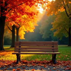 Empty wooden bench, vibrant autumn foliage backdrop , background, picture