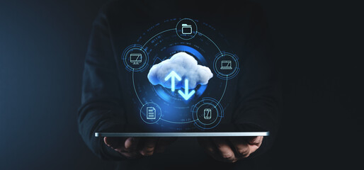 Cloud storage and data transfer concept with a digital interface displaying upload and download...