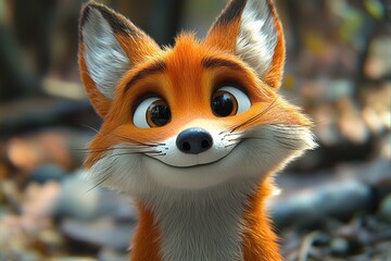 Obraz premium Cute animated fox smiling in a forest setting with autumn leaves during daytime