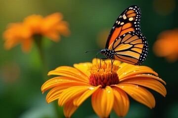 Naklejka premium Monarch butterfly on bright orange coneflower, dew drops on petals , orange, wildlife