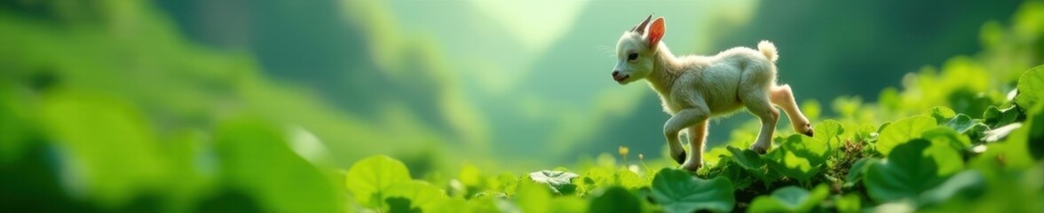 Fototapeta premium Tiny mountain goat kid leaps on vibrant green leaf, nature photography, mammal