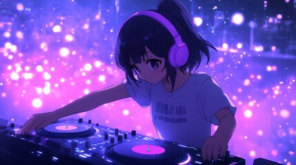 a DJ anime girl in purple headphones spinning records