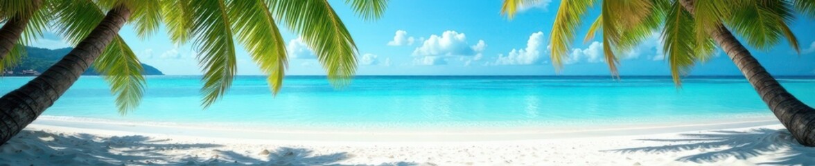 Obraz premium White sand beach, clear blue water, palm trees, beautiful, paradise