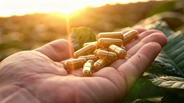 capsules in a human hand on a background of leaves