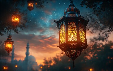 Ornate Lanterns Glowing Against a Twilight Sky with Minaret Silhouettes