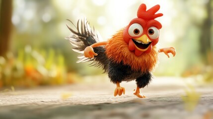 Fototapeta premium Happy Rooster Running Forest Path