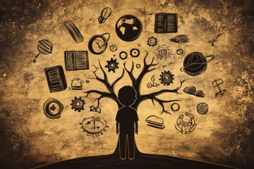 A Young Child Stands in Awe, Surrounded by Whimsical Symbols of Knowledge, Nature, and Exploration, Representing the Journey of Learning and Imagination in a Creative Landscape