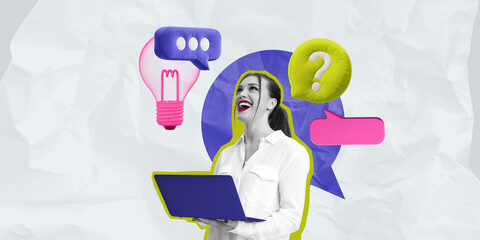 Woman with laptop surrounded by speech bubbles and icons.