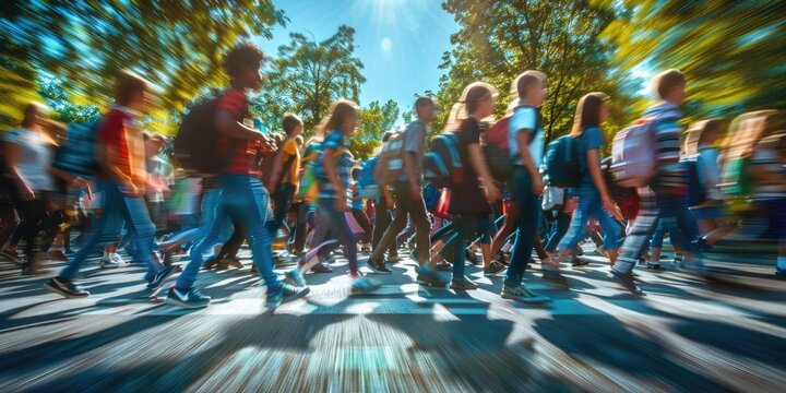 A group of school children walking through brightly lit school hallway. The long exposure effect of elementary student walking and going to school while wearing casual cloth. Education concept. AIG55.