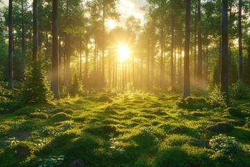 Fototapeta premium Serene forest landscape at sunrise with sunlight filtering through trees, illuminating lush greenery