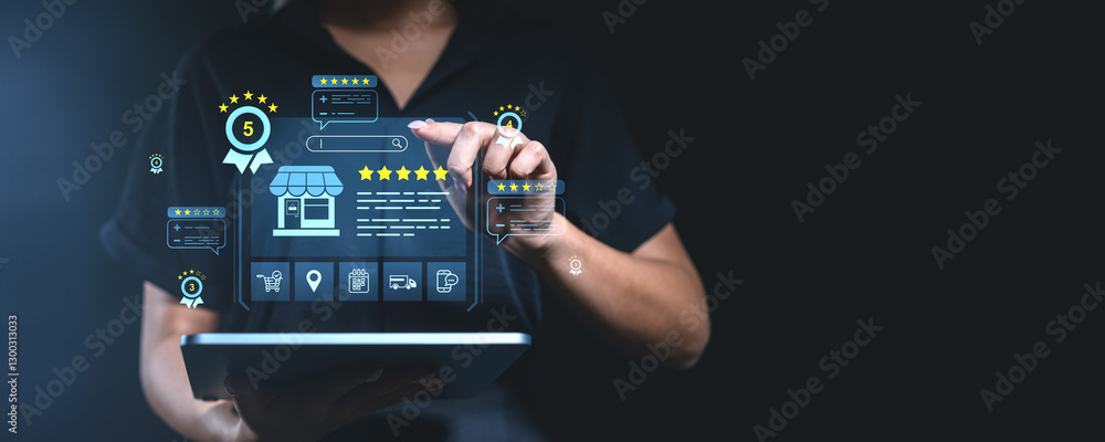 Poster digital customer review and rating system concept.