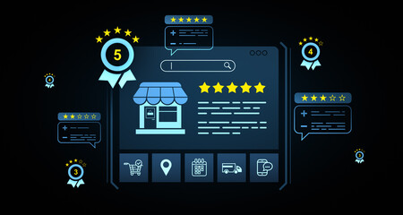 Naklejka premium Online business rating concept with customer reviews and star rankings. 3D Rendering