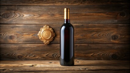Elegant wine bottle with ornate gold foil seal on a rustic wooden background, bottle, foil, wooden, rustic