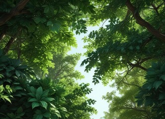 Emerald leaves form a verdant canopy, dappled shade below ,  scene,  plant