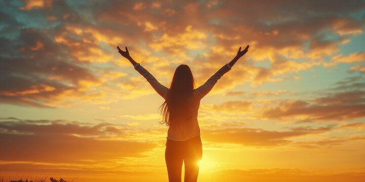 A confident, successful woman celebrating her achievement with arms raised, symbolizing empowerment, motivation, and personal growth in an inspirational setting.