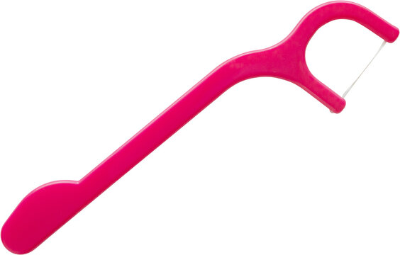 Plastic dental floss pick with handle isolated on white background