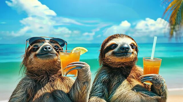 two sloths with a cocktail on the beach