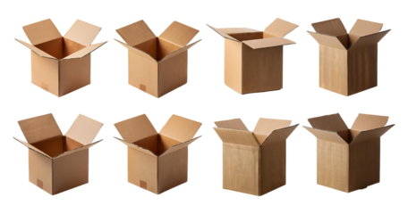 Various Open Empty Cardboard Boxes for Shipping and Packaging, Bundle Set Collection, Isolated on Transparent Background